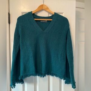 Anthropologie Teal Wool Blend Fringed Edge Sweater Size XS